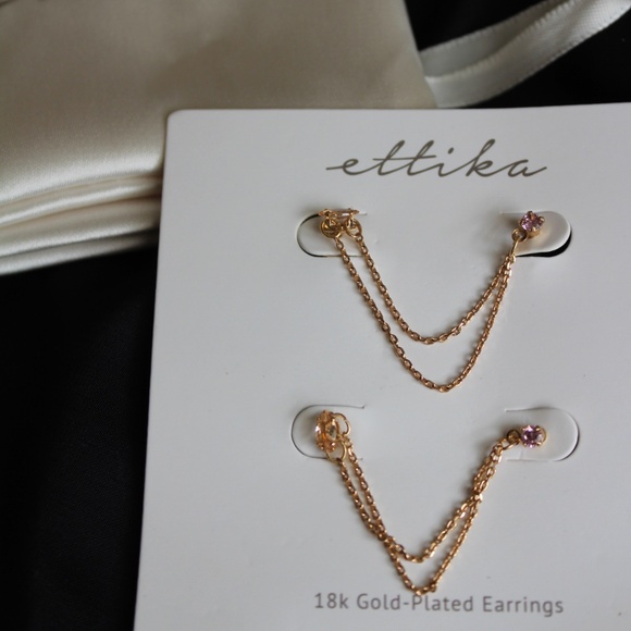Ettika double piercing chain dangle earrings pink crystal 18k gold plated - Picture 1 of 6